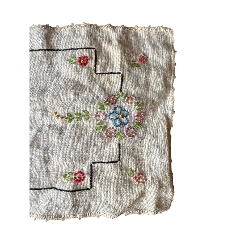 Vintage Floral Embroidered Handkerchief Linen‎ Pink Blue Flowers 10x7